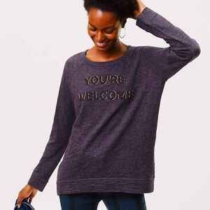 LOFT Women’s Gray Sweatshirt Beaded "You're Welcome" in Black + Pink Sz Medium